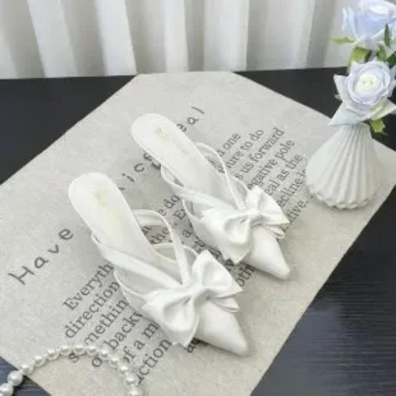 Fairy Style Pink Cool Slippers for Women's Summer  French Pointed Bow Hollow High Heels, Half Wrapped Women's Slippers
