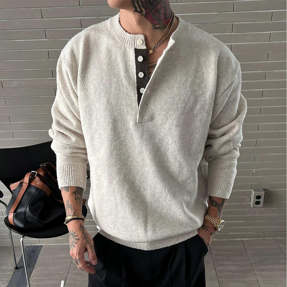 

Korean Old Money Henley Collar Men s Sweater: Autumn Winter Warm, Loose, Casual, Versatile Knitwear. L абрикосовий