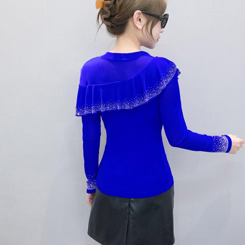 Spring Autumn Women's Ruffles Hotfix Rhinestone T-Shirt Elegant Full Sleeve O-neck Tees Slim Ladies Tops