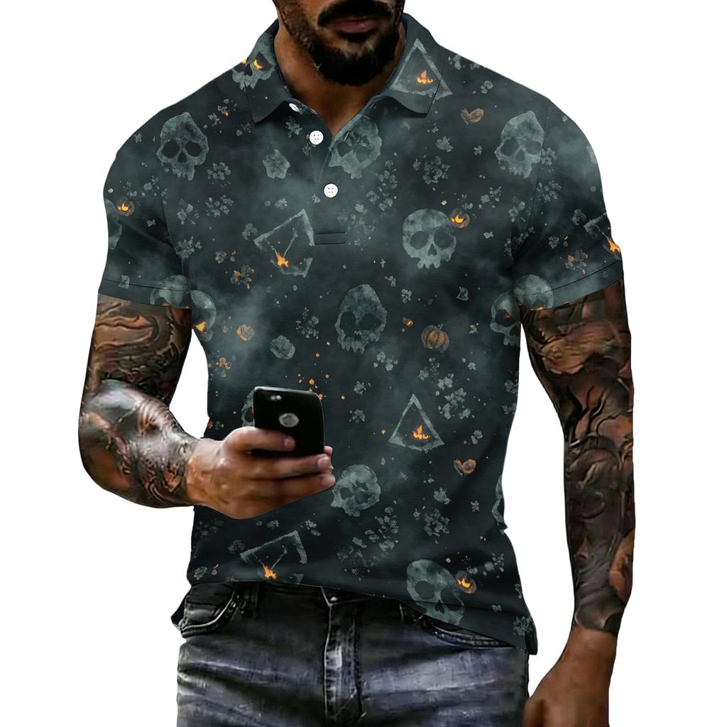 Men's Halloween Print Short Sleeve Polo Shirt Loose Casual Summer Daily Wear Top with Button Collar and Relaxed Fit for Outdoor Activities