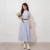 Blue Plaid Short-Sleeve Long Dress with Waist-Cinching Design - Gentle French Summer Style for Women