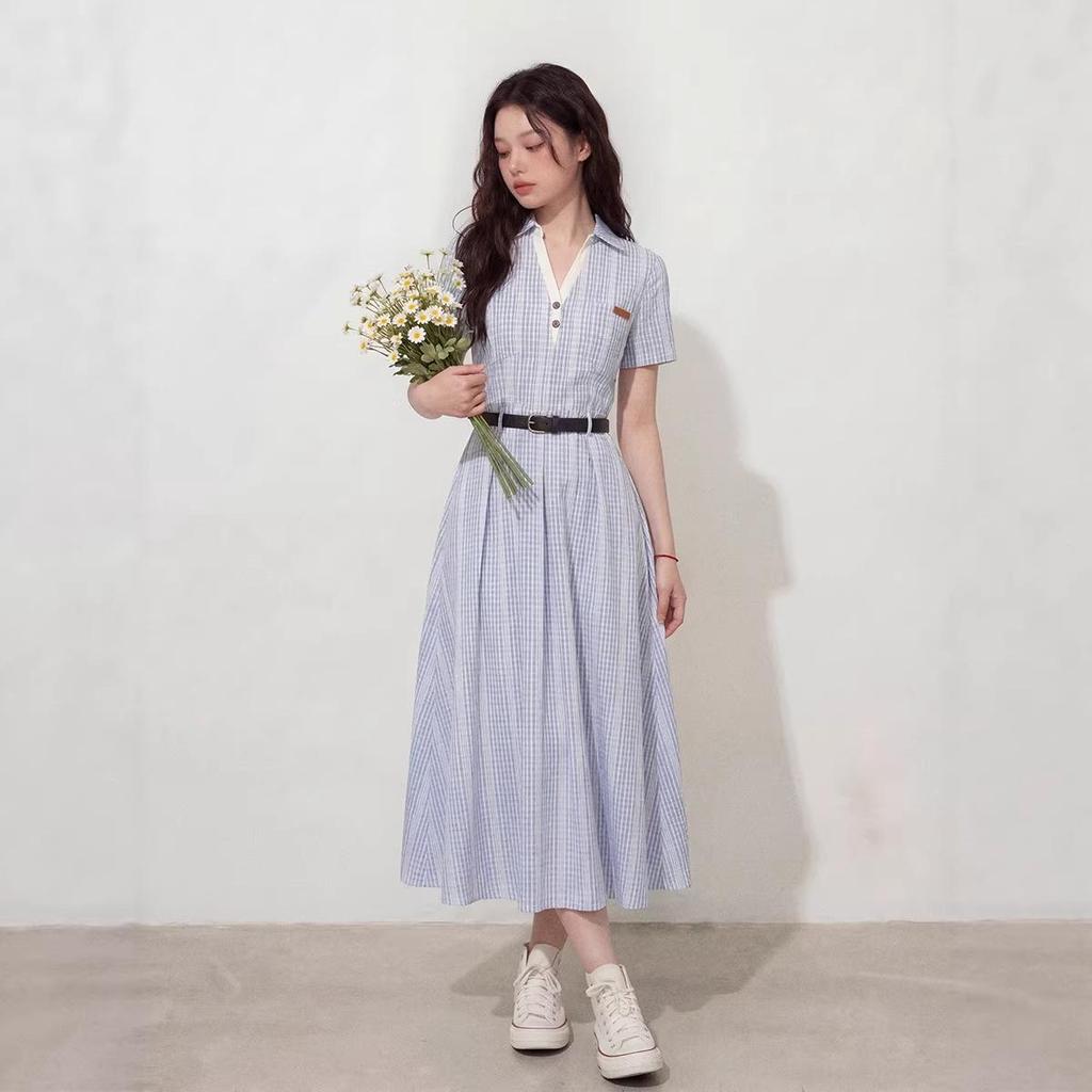 Blue Plaid Short-Sleeve Long Dress with Waist-Cinching Design - Gentle French Summer Style for Women