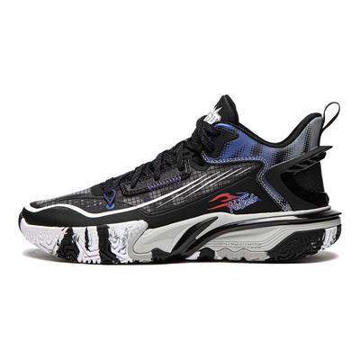 נעלי כדורסל נמוכות לגילאי ילדים של Li Ning עם לוגו, בלוק צבעים מודפס, תמיכה מונעת החלקה, נעלי ספורט לילדים שחור YKBU068-7