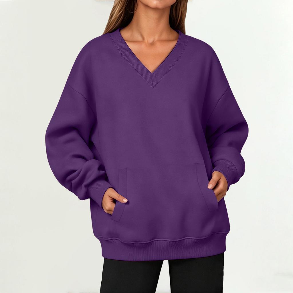 Damen V-Ausschnitt Langarm Pullover Sweatshirt mit Tasche für Herbst und Winter