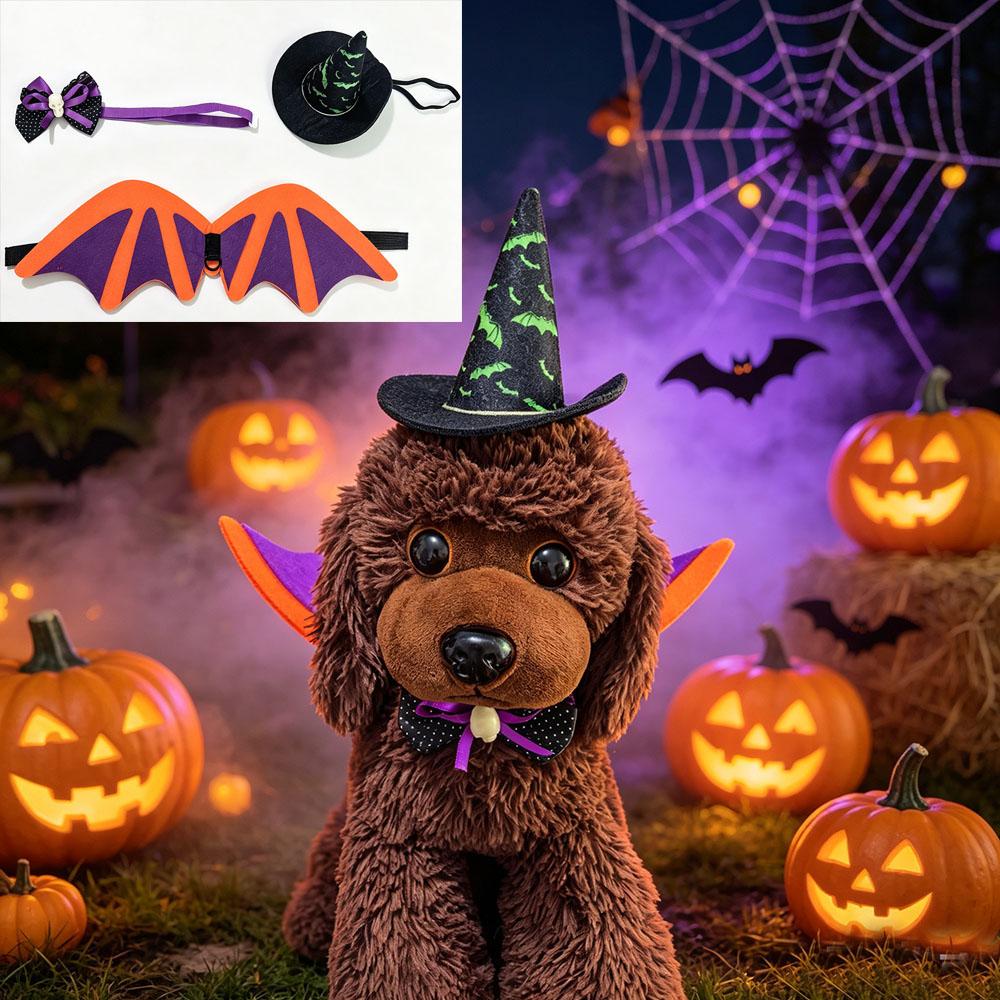 3 PCS Halloween Pet Costume Accessories,Witch Hat,Bat Wing Harness,Skull Bow,Halloween Decors Dress Up for Cat Small Dog