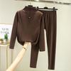 Double-sided Velvet Two Piece Set Autumn Clothes and Pants Women's Half High Neck Warm Long Sleeved Top Solid Color Undershirt Autumn and Winter