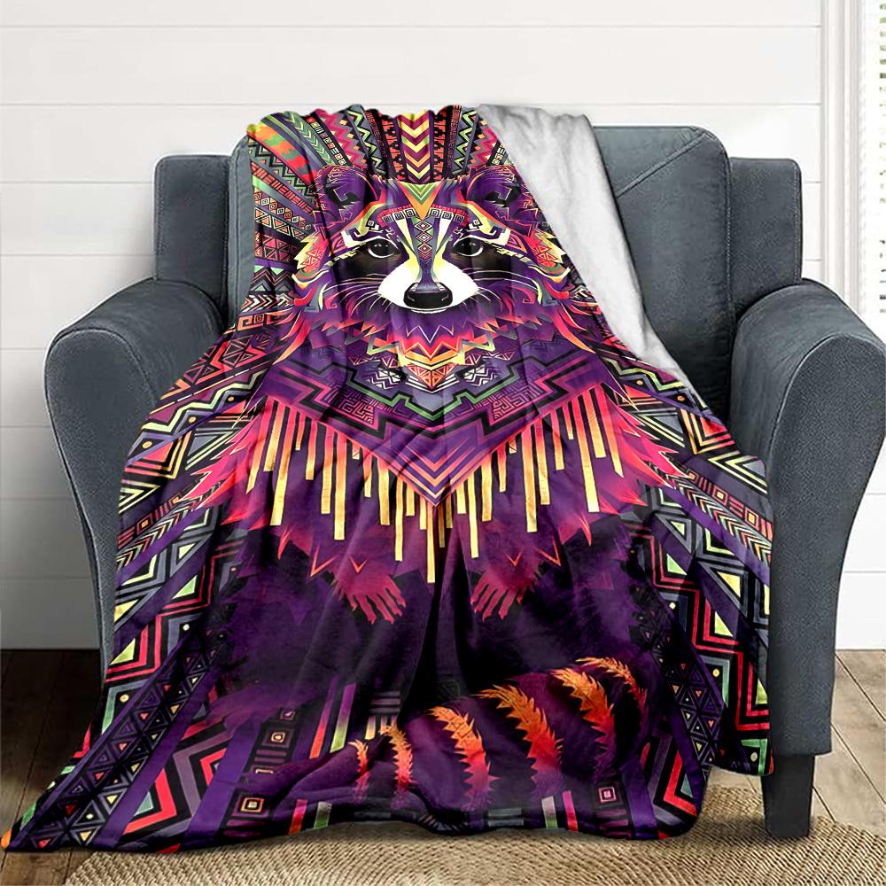 1pc Raccoon Vibrant Print Blanket - Lightweight Flannel Throw Blanket For Sofa, Bed, Living Room, Office, Outdoor Travel, Camping, Soft All-Season079