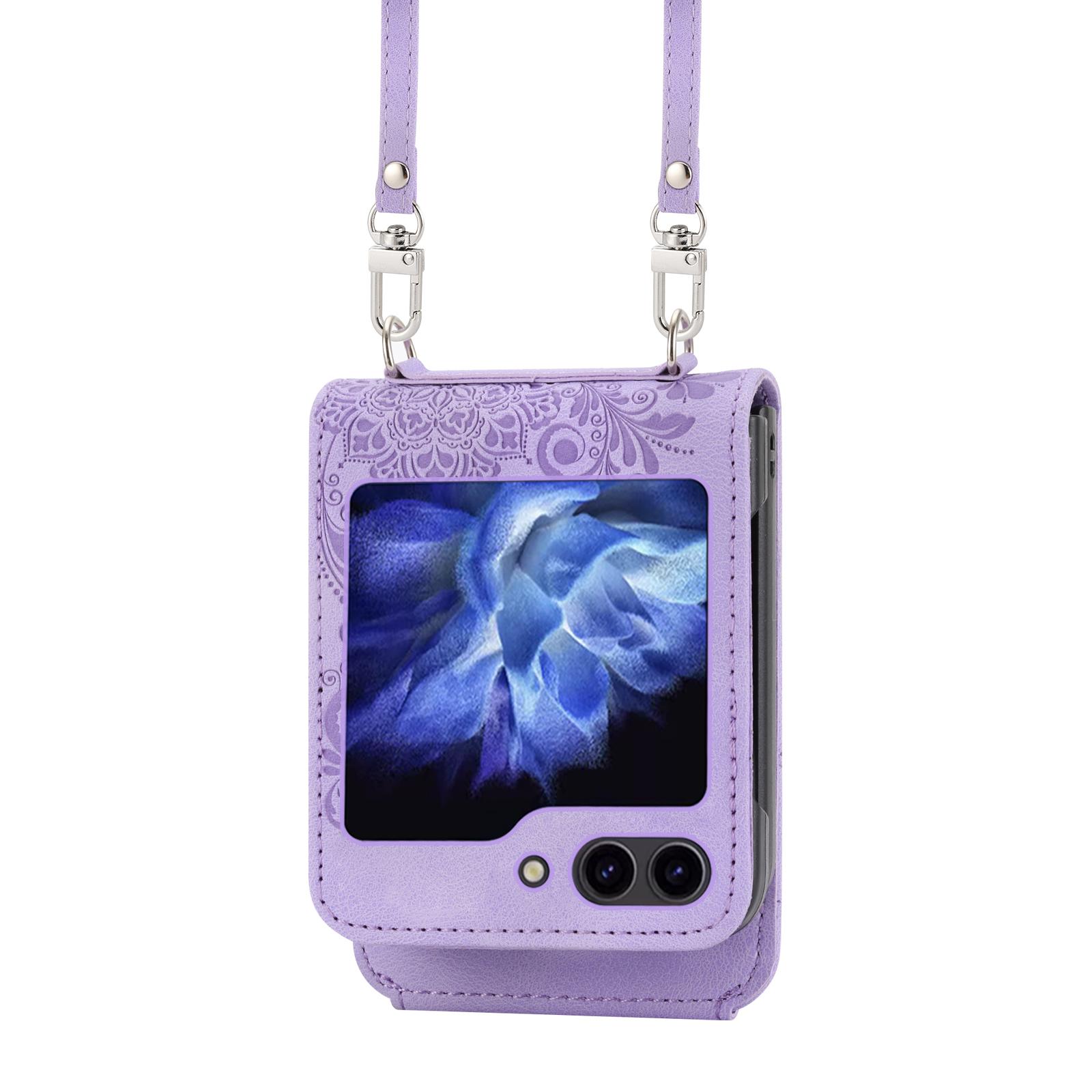 

For Samsung Galaxy Z Flip6 5G Leather Case Multiple Card Slots Phone Cover with Shoulder Strap Purple