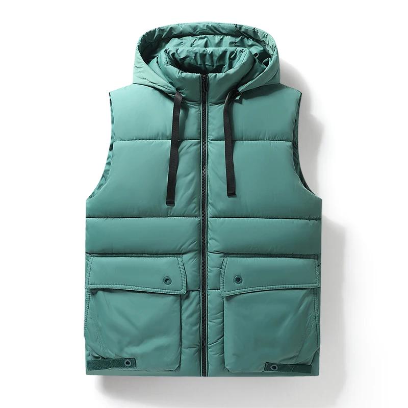 Workwear Down Cotton-padded Jacket Vest Comfortable Sports Vest Detachable Hooded Jacket Thickened Warm Men s Large Pocket Vest XXL зелёный