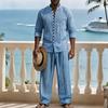 Men's Linen Resort Outfit 2 Piece Set, Stand Collar Button Shirt & Matching Pants, Vacation Beach Casual Summer Suit for Men