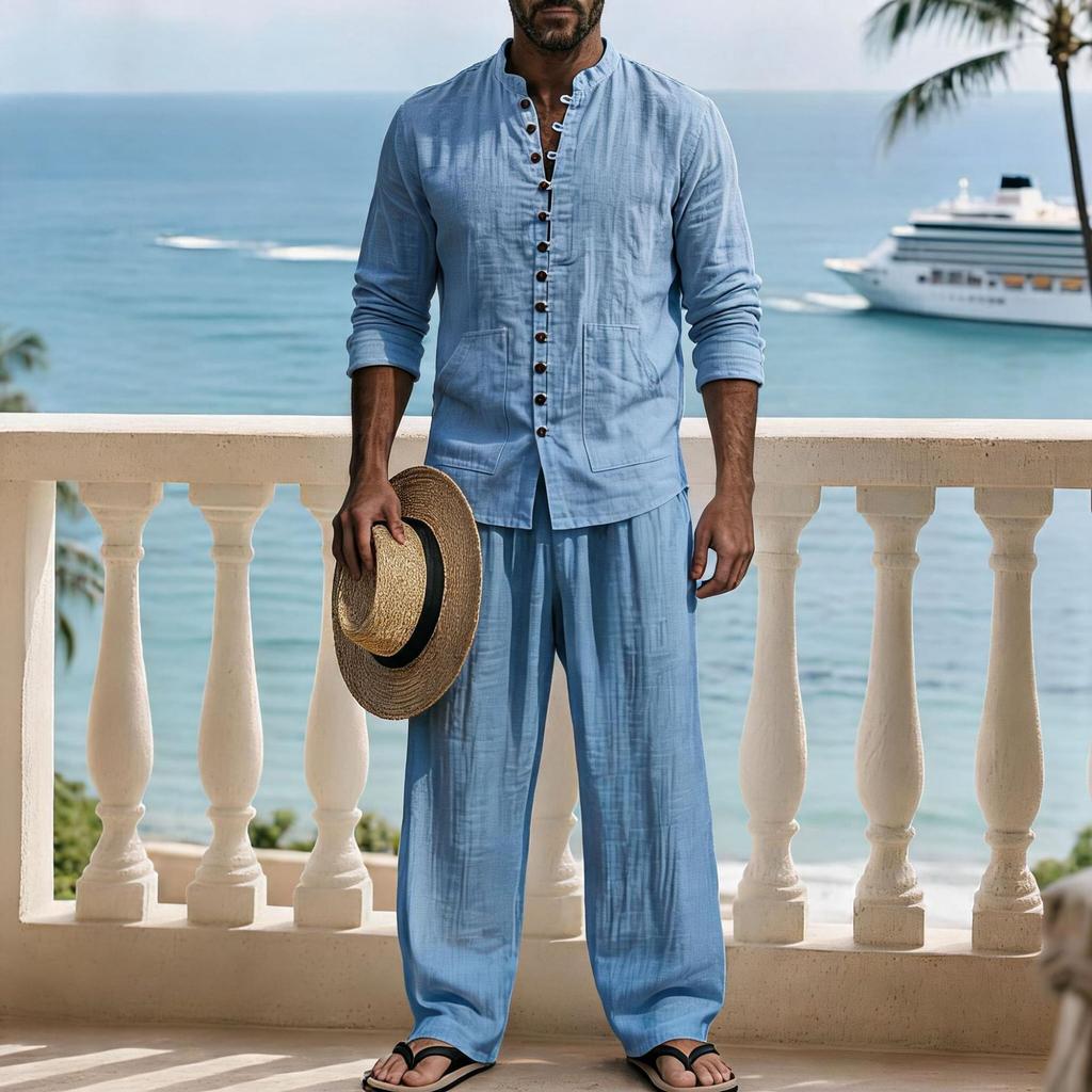 Men's Linen Resort Outfit 2 Piece Set, Stand Collar Button Shirt & Matching Pants, Vacation Beach Casual Summer Suit for Men