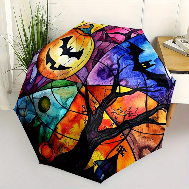 Halloween Stained Pumpkin Bat Round Rug Mat Halloween DecorUmbrella, Portable 3-Fold Compact Umbrella,Christmas Gift ES596