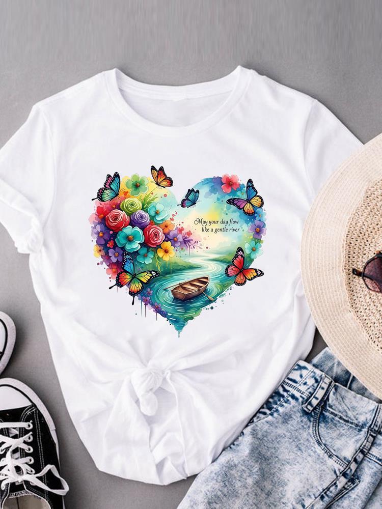 (Taille asiatique) cœur d'amour doux col rond Vêtements décontractés Manches courtes T-shirts Mode Féminin Femme Haut pour femme T-shirt Imprimé T-shirt Graphique