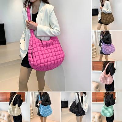 Women Shoulder Bag Large Capacity Zipper Closure Solid Quilted Color Padded Puffer Commute Tote Bag Shopping Travel