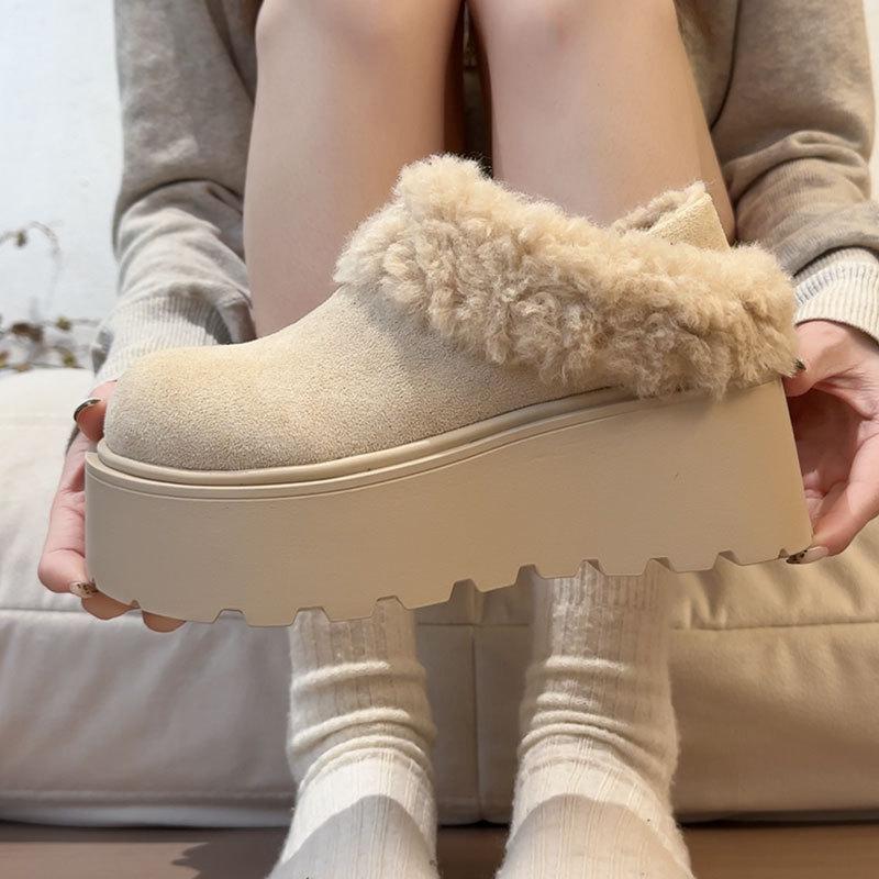 Fleece thickened retro thick-soled snow cotton shoes for women to wear in winter, new heightened soft-soled leather