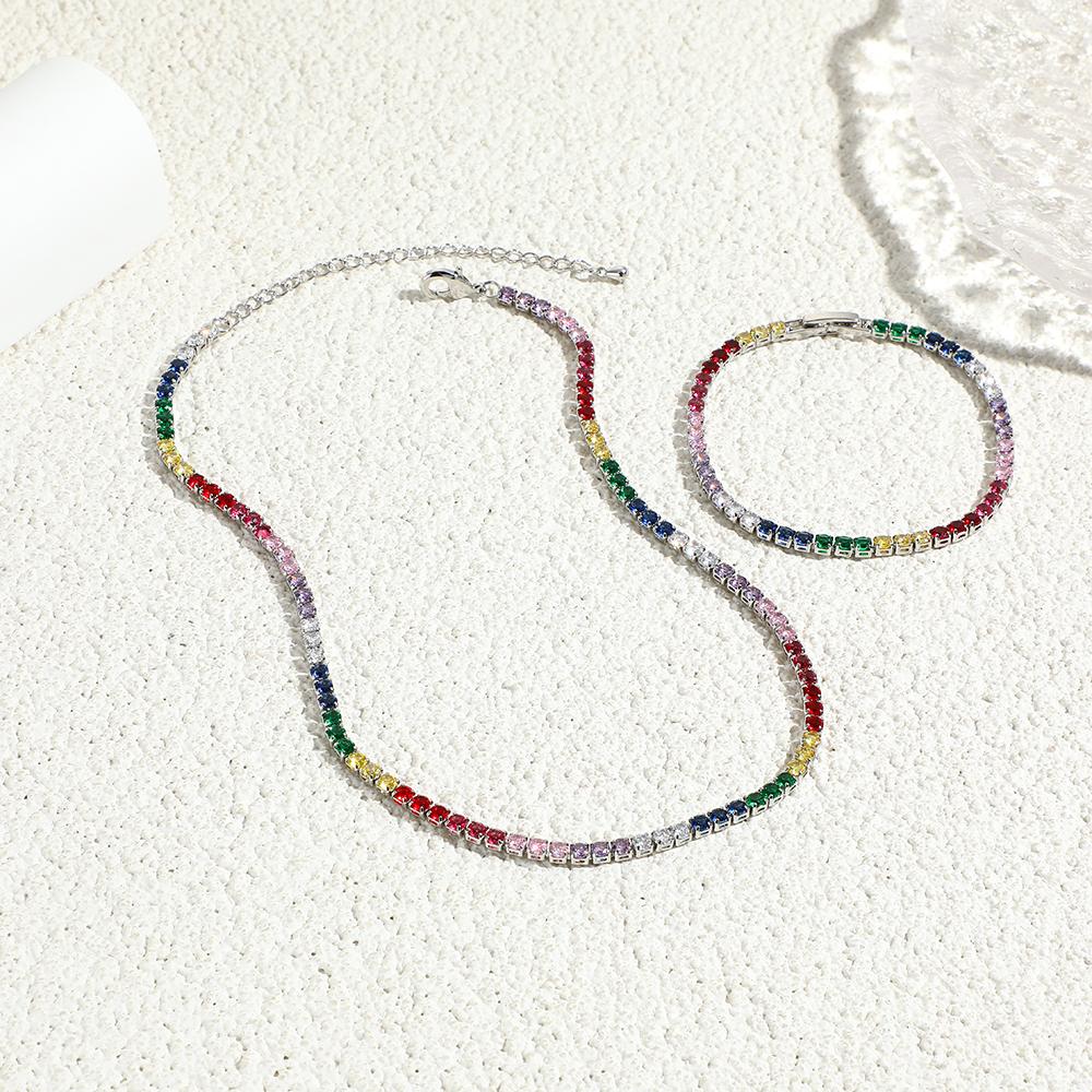 2026 Colorful Rainbow CZ Tennis Chain Bracelet Necklace Micro Pave Red Pink Purple CZ Gold Plated Fashion Wedding Set Jewelry