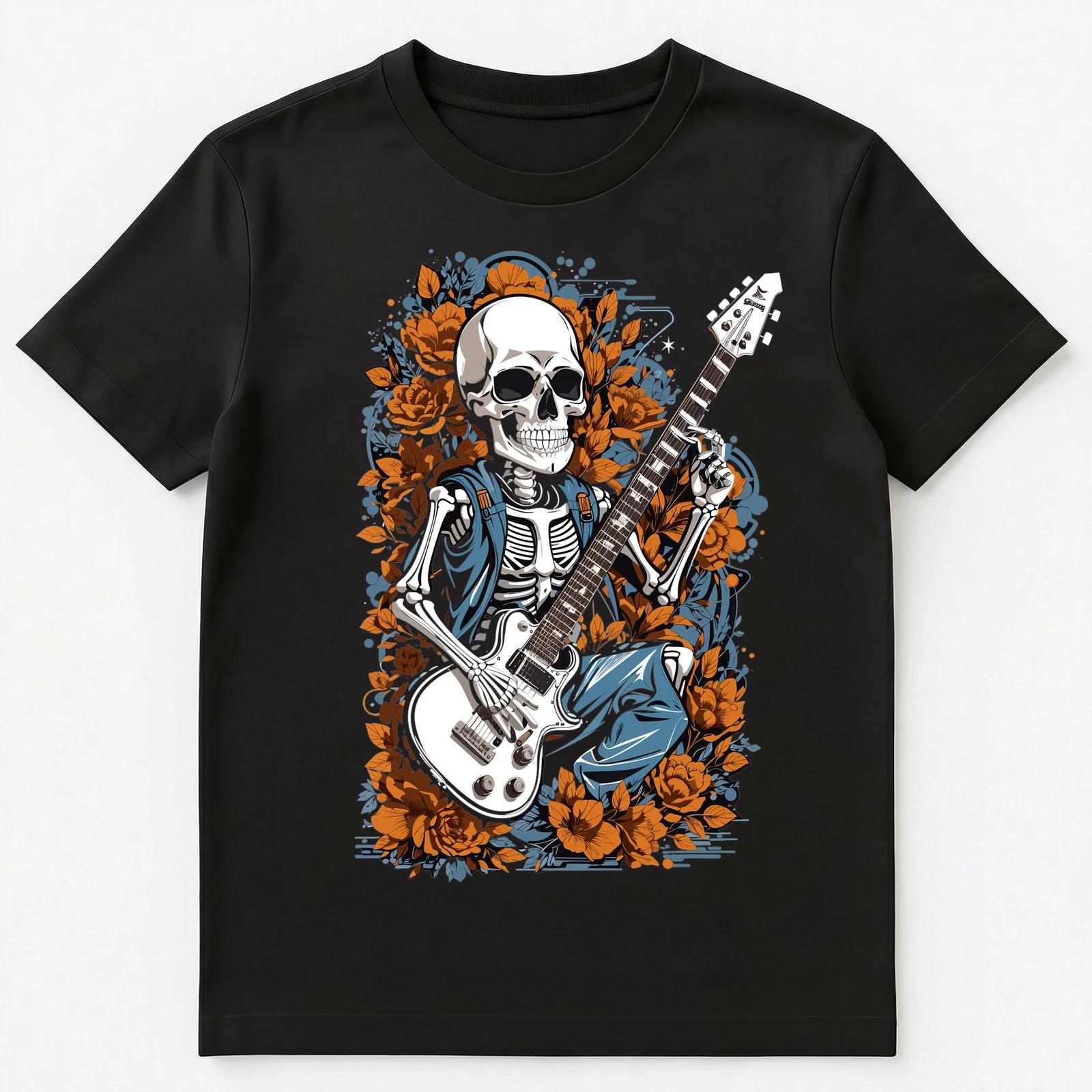 Floral Skeleton Rock Guitar Graphic Unisex T-Shirt 3XL