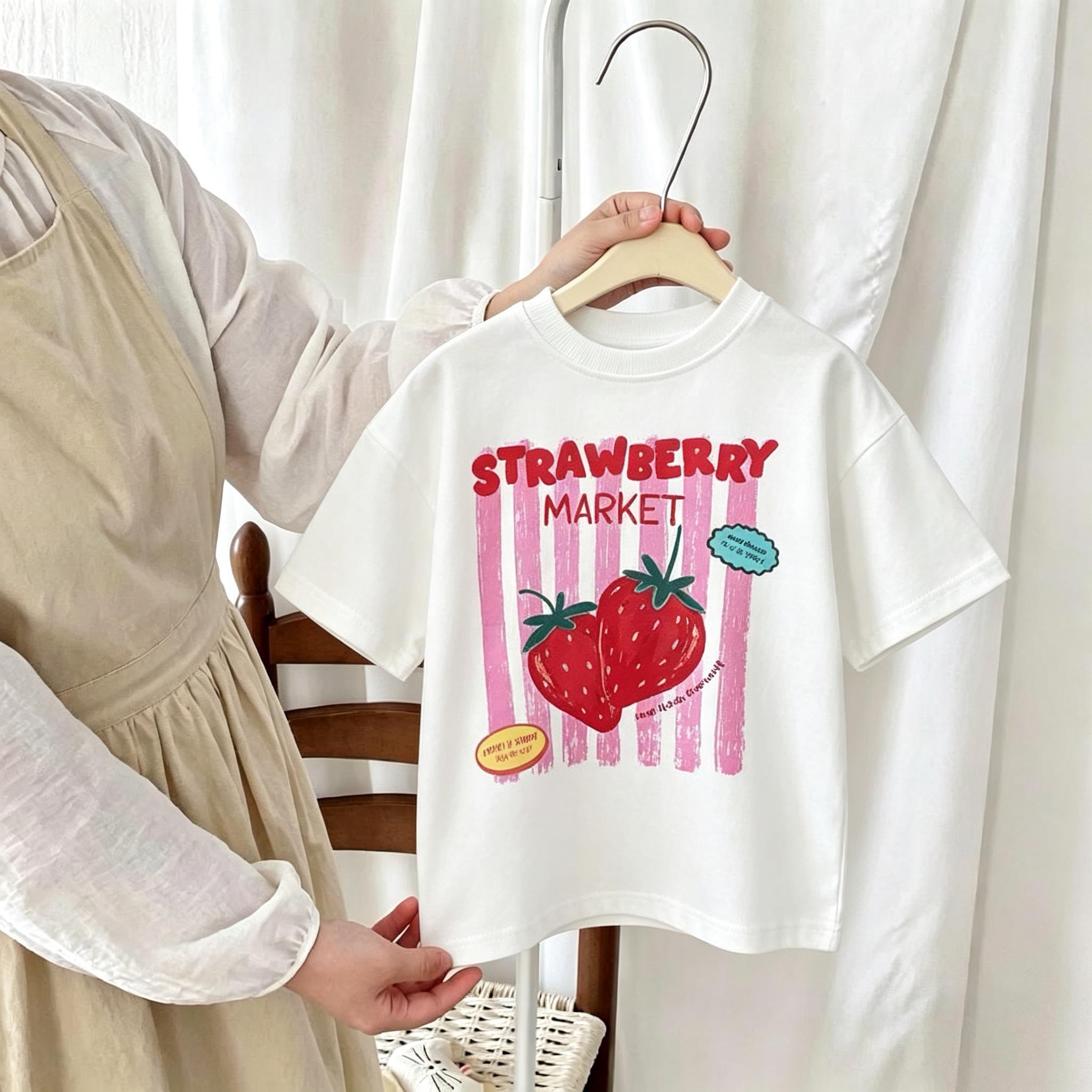 

Print Strawberry Girl s T-shirt Summer New Kids Clothing Short Sleeve Tops Tees Crewneck Casual Simple Children s Tshirts 110