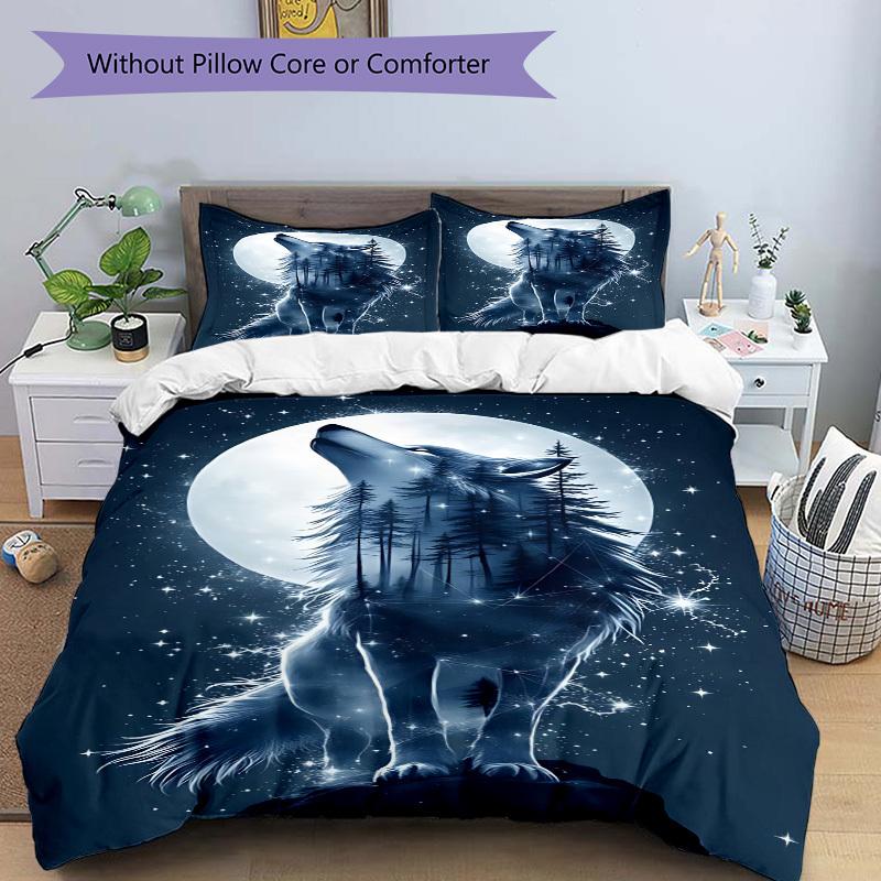 3pcs Wolf Moon Soft Comfortable Bedding set, For Bedroom, Guest Room And Dorm, All - Season Use, High-Definition Printing170