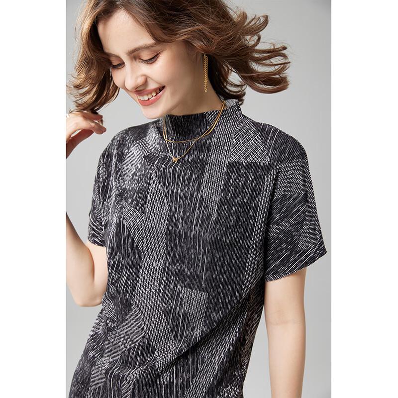 Women s Retro Pleated Stand Collar Short Sleeve T-Shirt