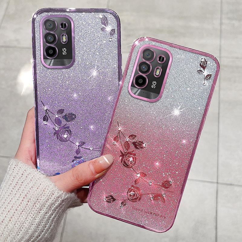 KADEM For Oppo A95 5G/F19 Pro+ 5G/Reno5 Z/A94 5G TPU Anti-scratch Cover Rhinestone Flower Glitter Gradient Phone Case