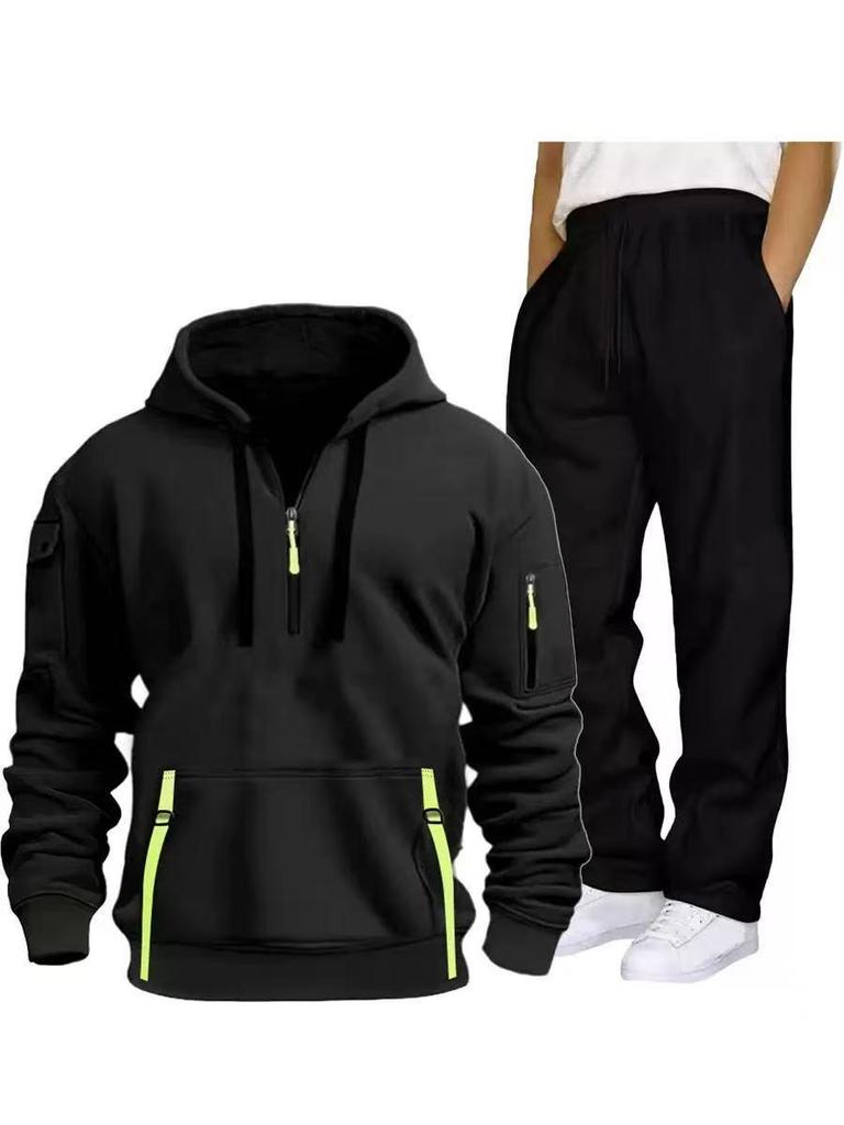 2026 Men's European Size Hoodie & Sweatpants Two-Piece Set - Half-Zip Hoodie & Straight Leg Pants
