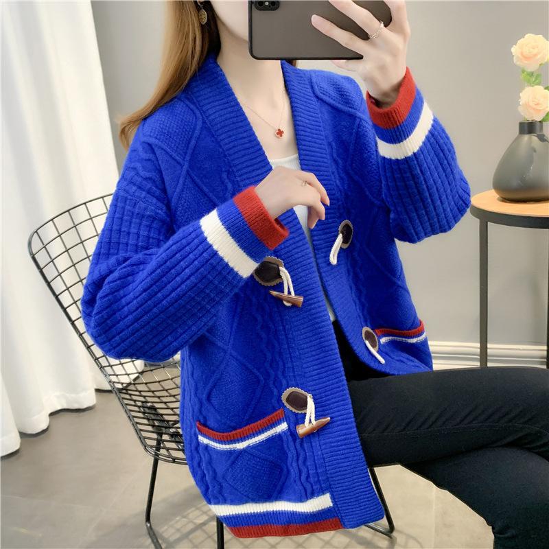 Herbst Damen V-Ausschnitt Farbkontrast Strickjacke Pullover Mantel Ochsenhornknopf Locker Kringel Vielseitig