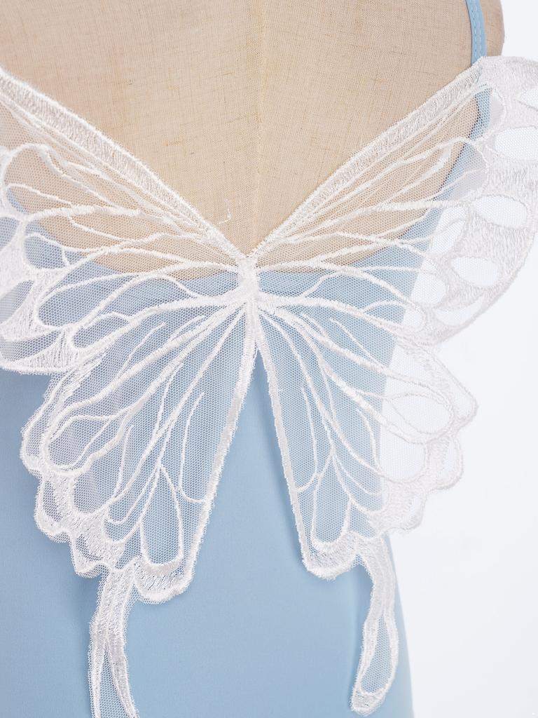 Girls Ballet Gymnastics Performance Leotard Butterfly Back Design Ruched Mesh Collar Spaghetti Straps Dancewear