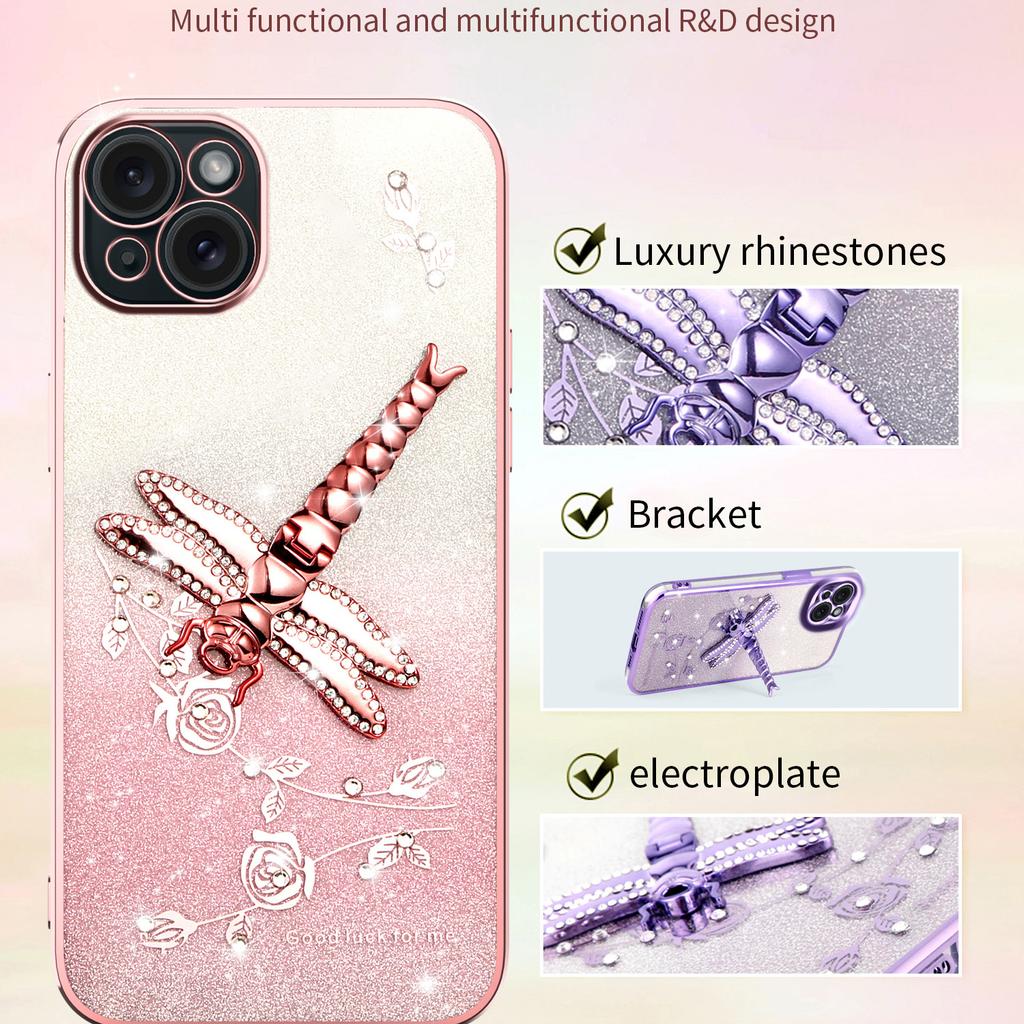 KADEM For iPhone 14 Case Dragonfly Kickstand TPU Flowers Glitter Phone Cover