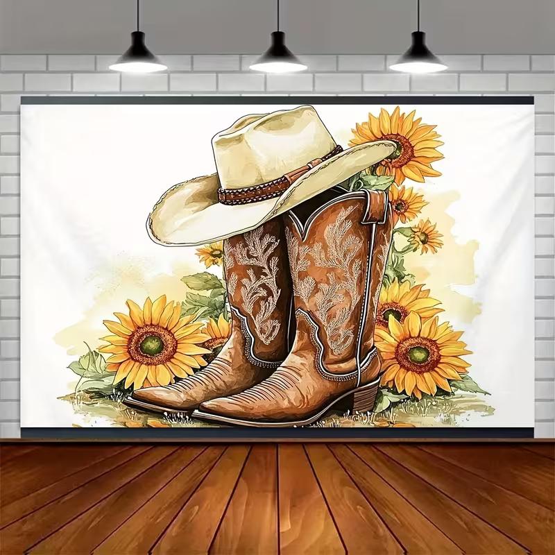2D Vintage Western Cowboy Hat & Boots Backdrop Sunflower Themed Party Photography Background