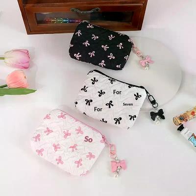 Cute Bow Fabric Makeup Bag, For Women Cosmetic Pouch, Portable Lipstick Earphone Travel Organizer Small Clutch Purse