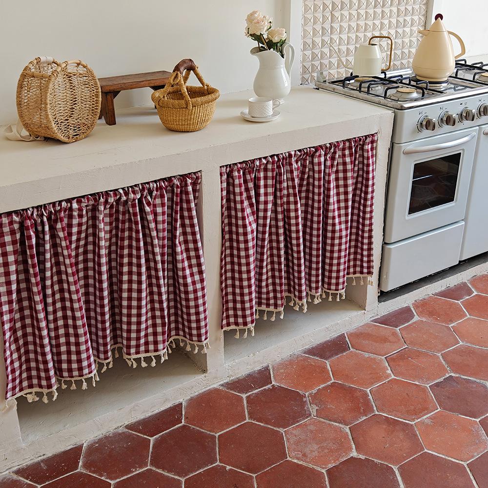 Fresh pastoral small lattice half curtain fabric floating curtain cabinet curtain coffee curtain door curtain partition curtain width 140 height 30 [tile size]