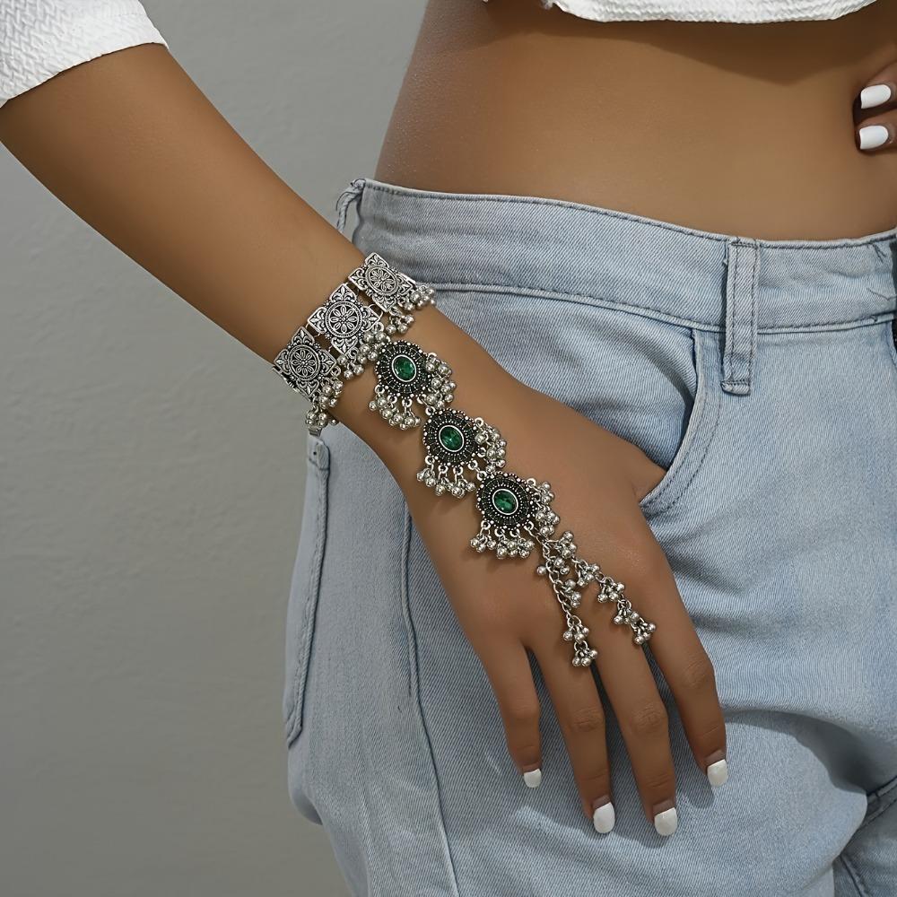 Braccialetto Anello da Dito Boemo Stile Indiano Minimalista Esagerato Argento Anello Catena Mano Vintage Vuoto con Ciondolo Nappa
