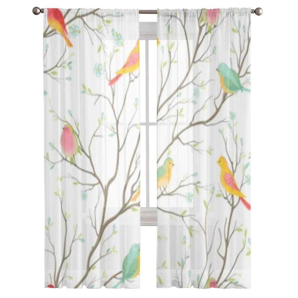 Colorful Birds Chiffon Sheer Curtains For Living Room Bedroom Decoration Window Tulle Curtains Drapes