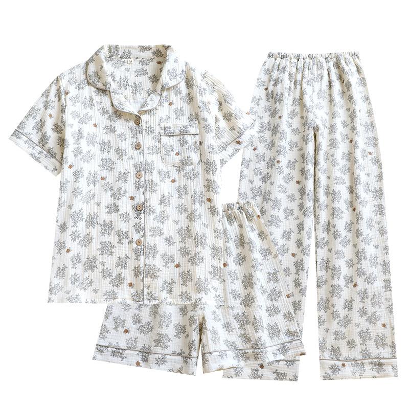 Pajamas women's spring and summer new pure cotton floral short-sleeved cardigan set Korean sweet lapel double-layer yarn loungewear
