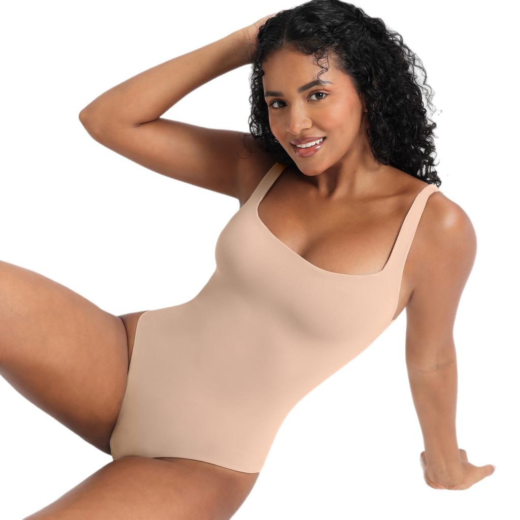 Women High Waist Double Layer Tummy Control U Back Solid Bodysuit