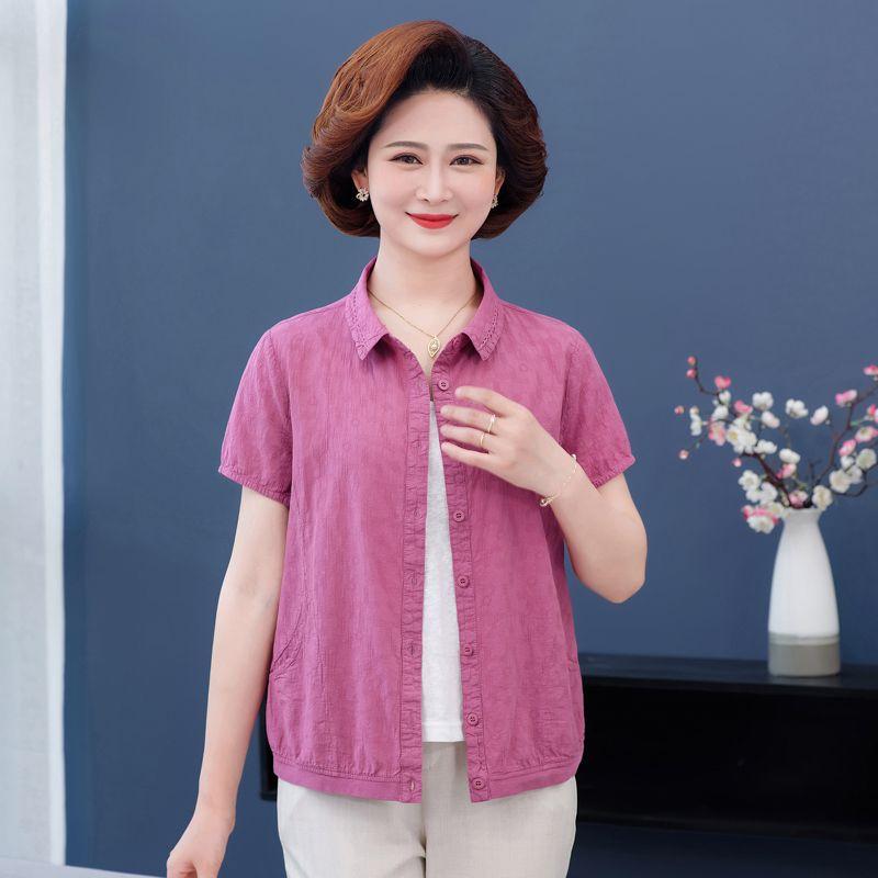 

Middle-Aged and Elderly Mom Summer Clothes Grandma Cotton Short-Sleeved Shirt Women Pure Cotton Shirt Thin Tup Cardigan Red 2XL