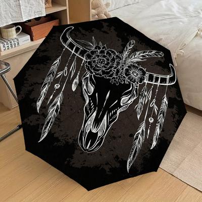 1PC Bull Skull Feathers Pattern Small Travel Compact Windproof Umbrella, Automatic Folding Umbrella, Automatic Open/Close ,Gift-161