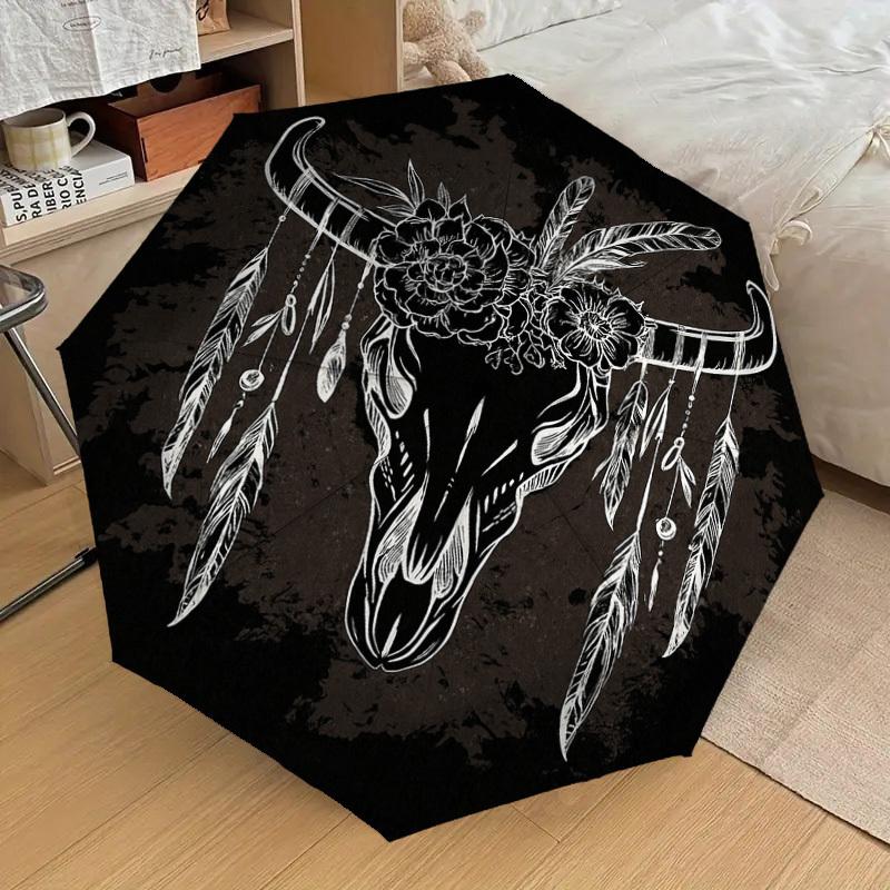 1PC Bull Skull Feathers Pattern Small Travel Compact Windproof Umbrella, Automatic Folding Umbrella, Automatic Open/Close ,Gift-161