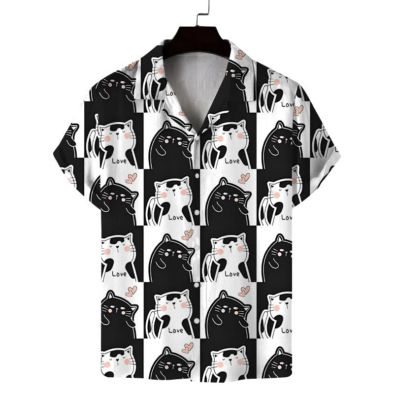 New Summer Shirt Men's Short Cat Pattern 3D Printed Design Casual Commuting Fashion All-Match Personality Breathable Daily