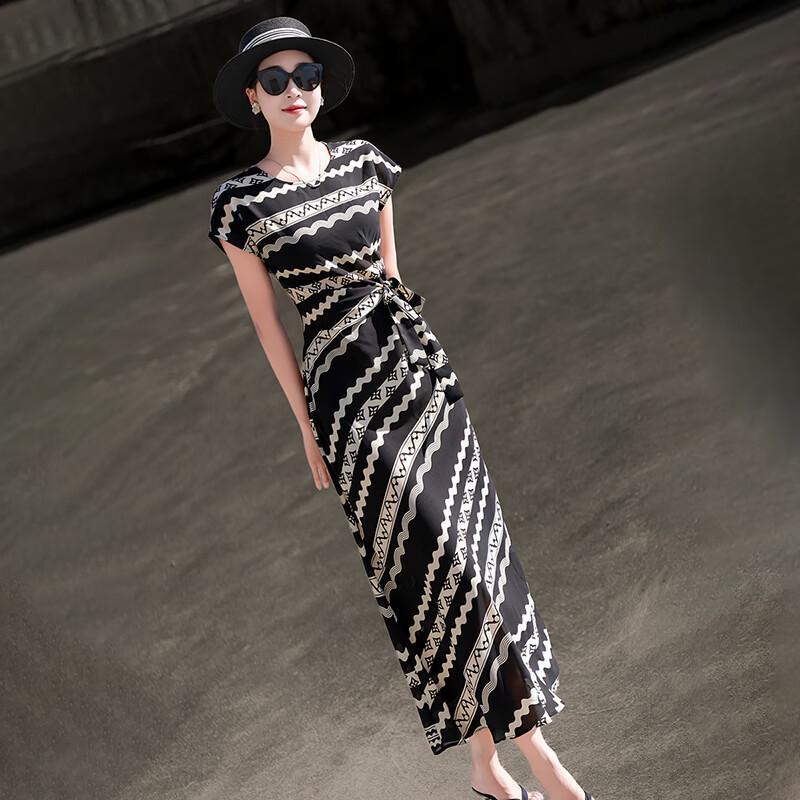 Lancer Elegant Striped Tie-Waist Midi Dress L