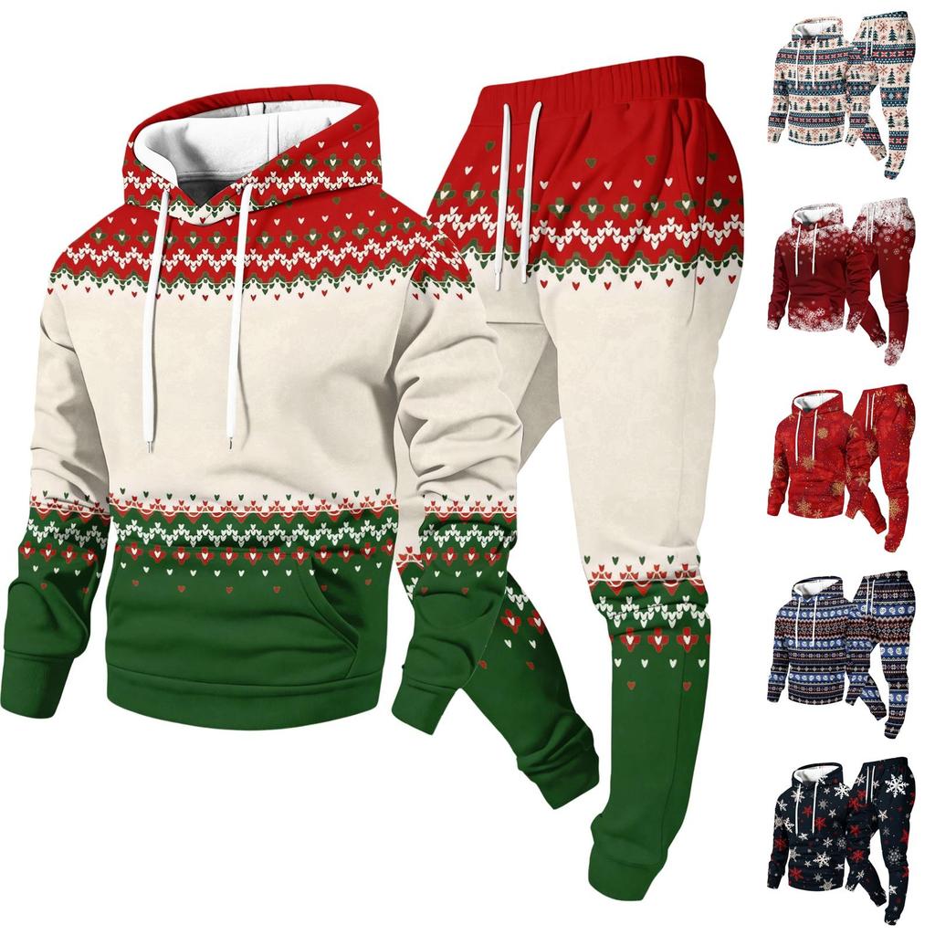 Men's Casual Christmas Print Hoodie and Straight-Leg Sweatpants Two-Piece Set for Holiday Celebration