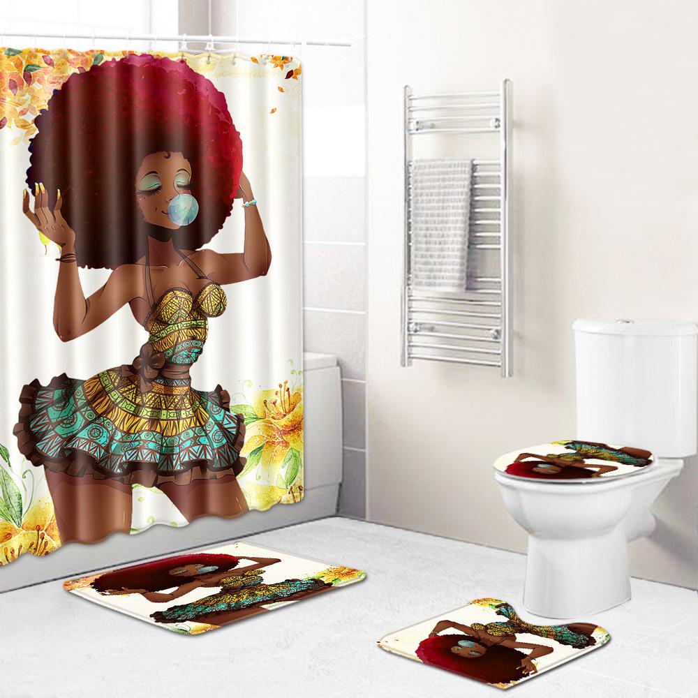 Shower Curtain Floor Mat Set African Woman E-Commerce Bathroom Carpet