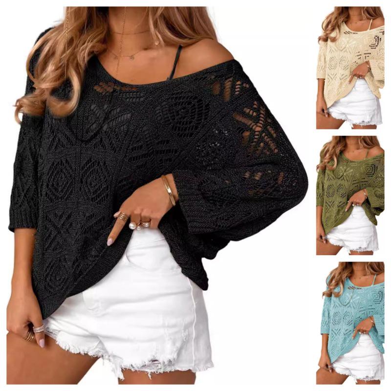 Women's Crochet Beach Sun Protection T-shirt with 7-Point Sleeves