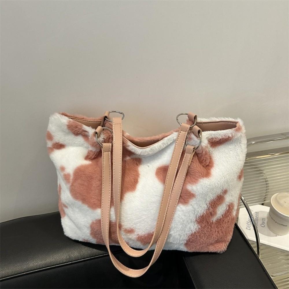 Large Capacity Plush Tote Bag Versatile Underarm Bag Gift Cow Print Shoulder Bag  Travel