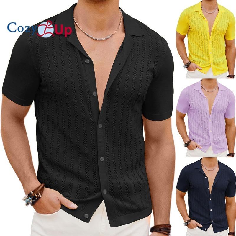 Cozy Up Men's Knit Button Down Shirt Vintage Short Sleeve Polo Shirts Casual Beach Tops