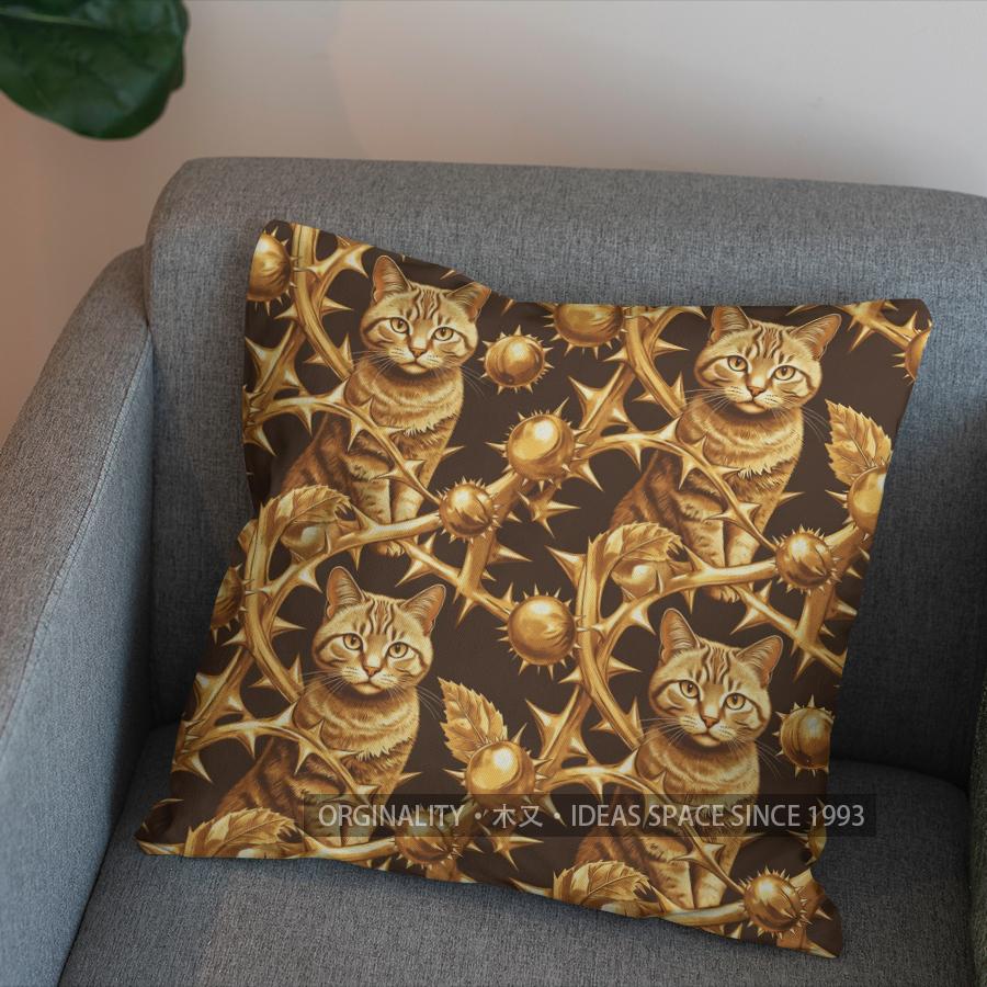 2D Golden Cats On Thorn Branches Throw Pillow Pattern Cushion Cover Suitable For Sofa Bedroom Car Pillow Cover