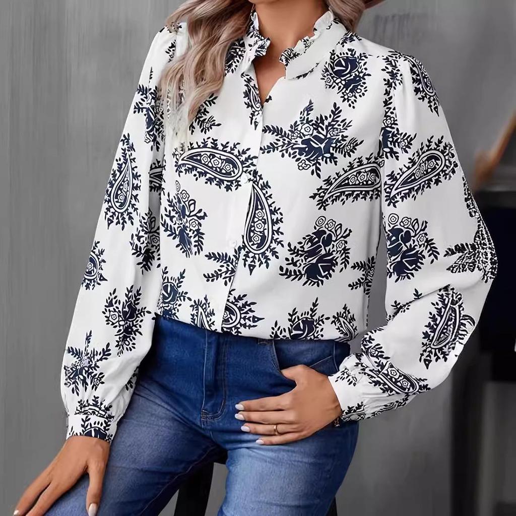 2026 Floral Print Women's Shirt: Elegant Stand Collar, Casual Fashion for Spring/Autumn.