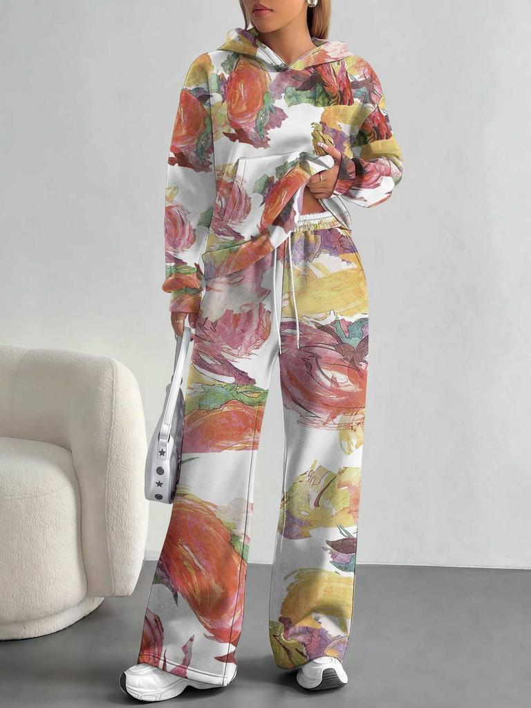 Europe, America Autumn and Winter 1116 Casual Retro Flower Long-sleeved Suit Women's Hooded Sweater Trousers Two-piece Set