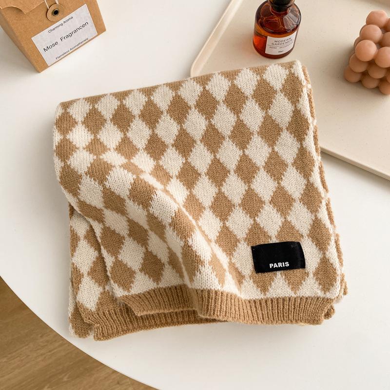 Blue checkerboard wool small scarf female winter warm versatile student couple short scarf